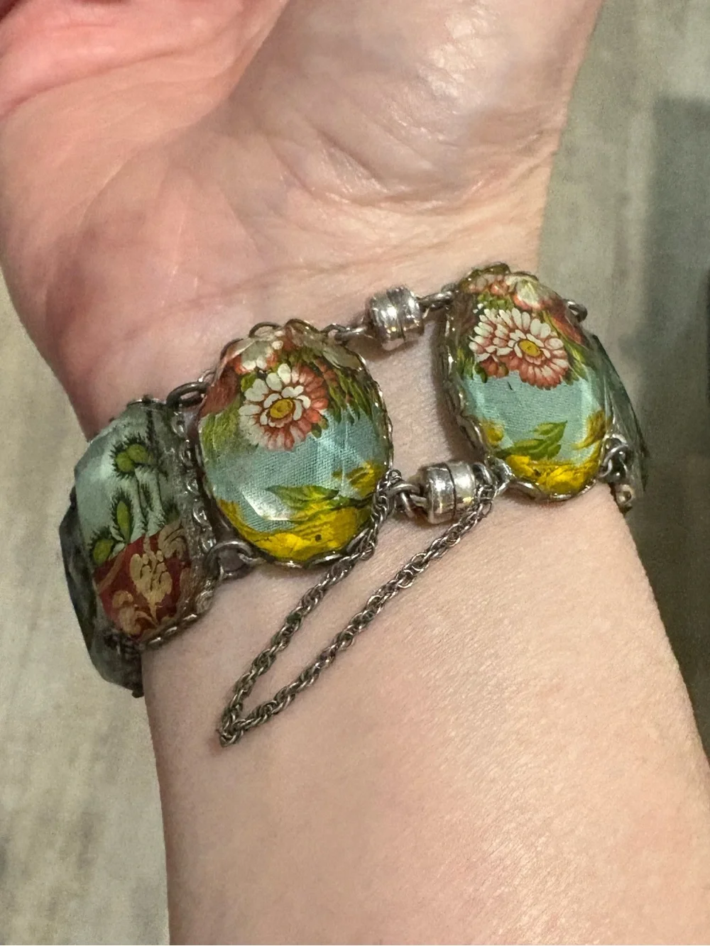 Vintage Ayala Bar Retired Fabric Under Glass Panel Bracelet Magnetic Clasp